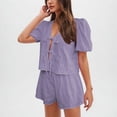 thumbnail image 2 of Camisas de Color Sólido para Mujeres Verano Manga Corta Cuello en V Cuello Delantero Corbata Camisa Pantalones Cortos Conjunto, 2 of 8