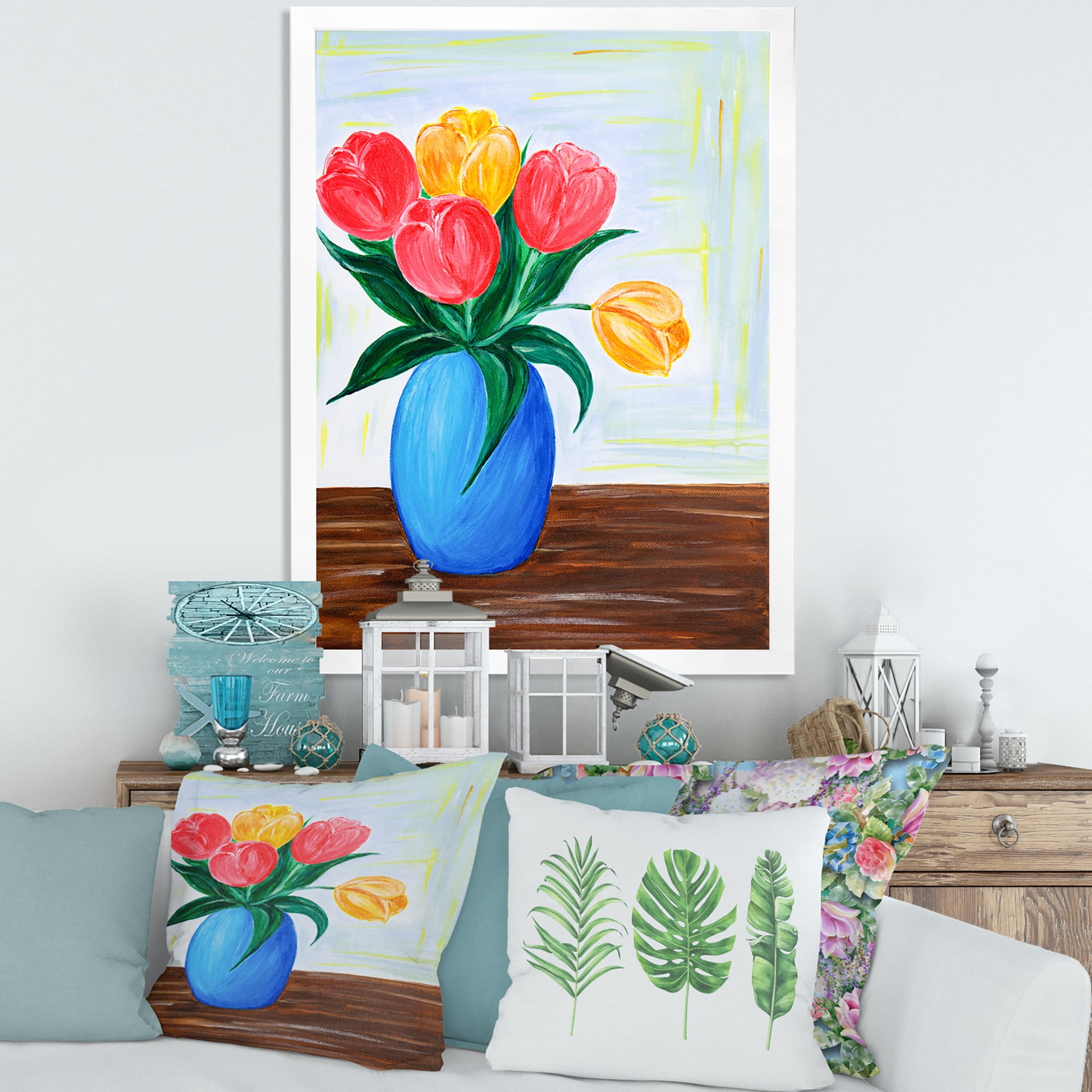 Designart 'Bouquet Of Orange and Red Tulips In A Vase' Traditional Framed Art Print