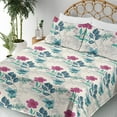 thumbnail image 3 of Ambesonne Floral Boho Fitted & Flat Sheet with Shams 4 Pcs Set, Vintage Hibiscus Print, Calking, Eggshell Magenta Seafoam, 3 of 5