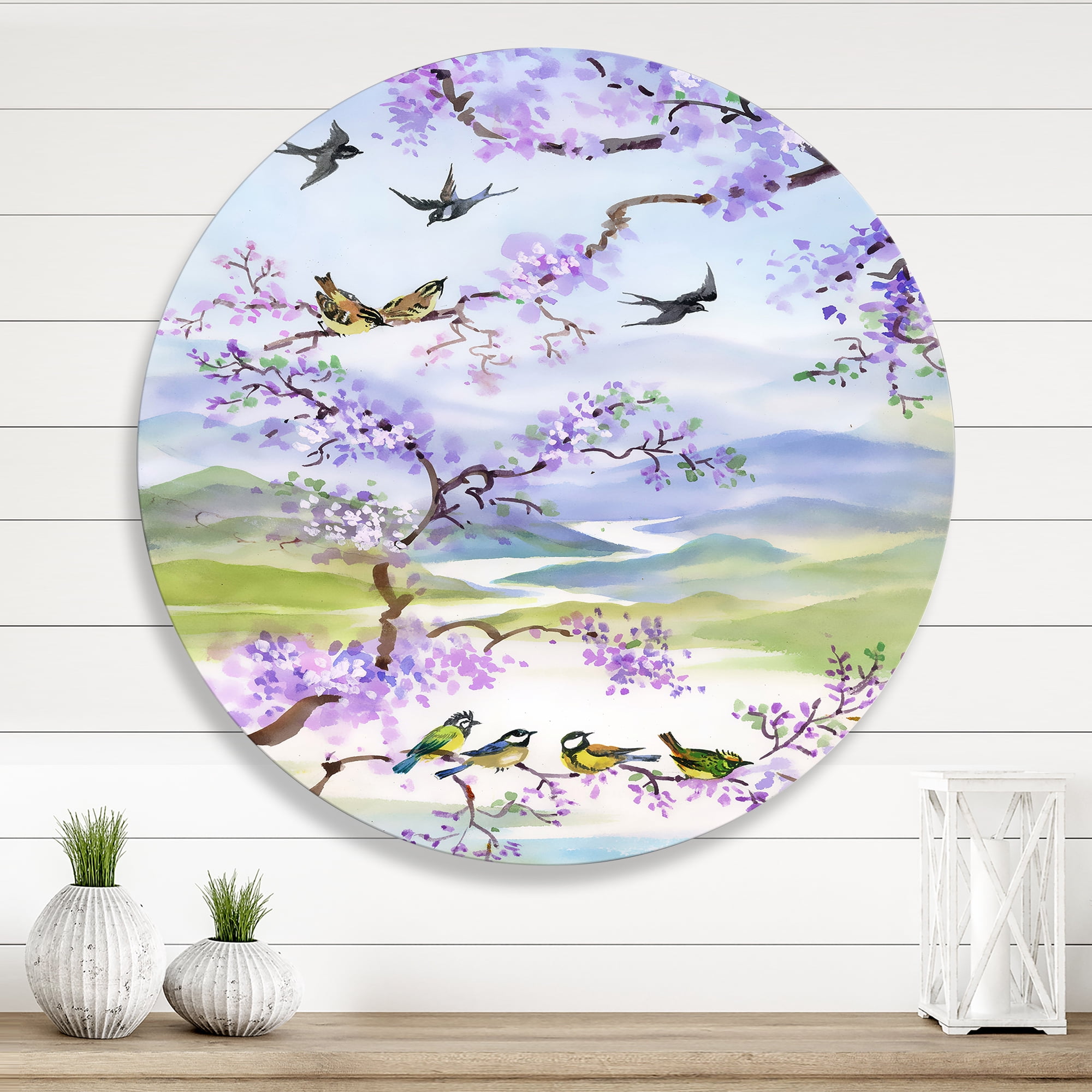 Designart 'Birds Sitting On Cherry Branch' Traditional Circle Metal Wall Art 11x11 - Disc of 11