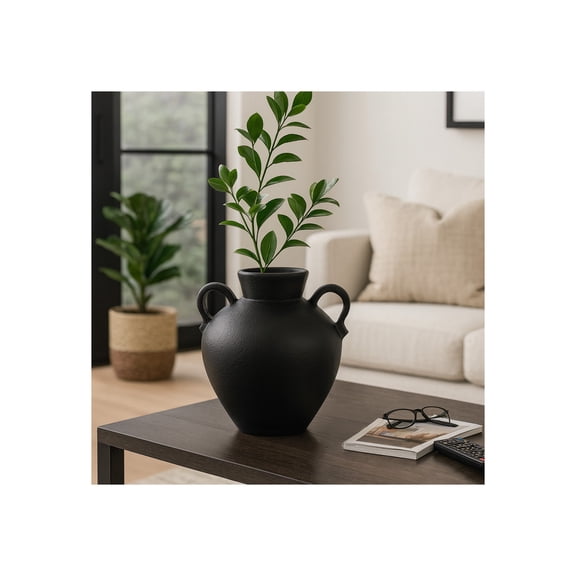 Modern Terracotta Jug with Handles Vase for Living Room Decor - Home Accents for Bedroom, Office Shelf, and Kitchen Counter Decor - Decorative Flower Vase for Table and House Styling - 16", Black