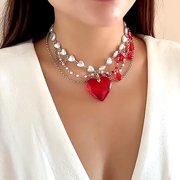 Multi-layered Heart Crystal Choker Necklaces for Women,Punk Pearls Beaded Chain Love Pendant Necklace Party Y2k Snake Bone Necklace Accessories
