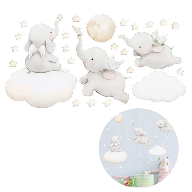 Coofit Wall Sticker DIY Cartoon Elephant Cloud Moon Star Wall Decal Wall Art Sticker