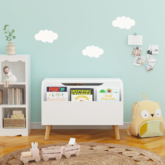 Noble House Rhoda 24" Kids Wooden Toy Box with Front Bookshelf, Flip-Top Bench Storage Chest, Playroom, White