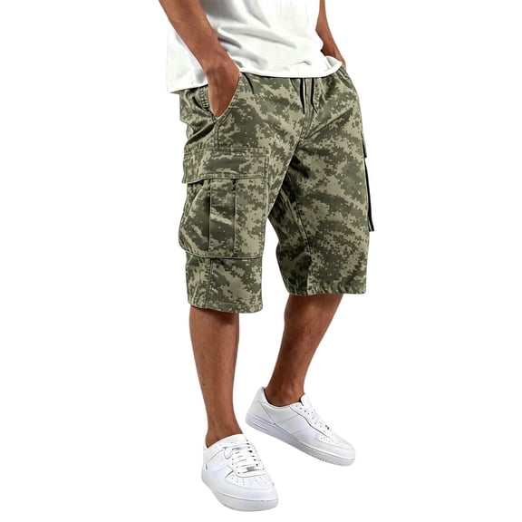 Men Cargo Shorts with Pockets Summer Stretch Waist Camo Drawstring Wide Leg Shorts,S