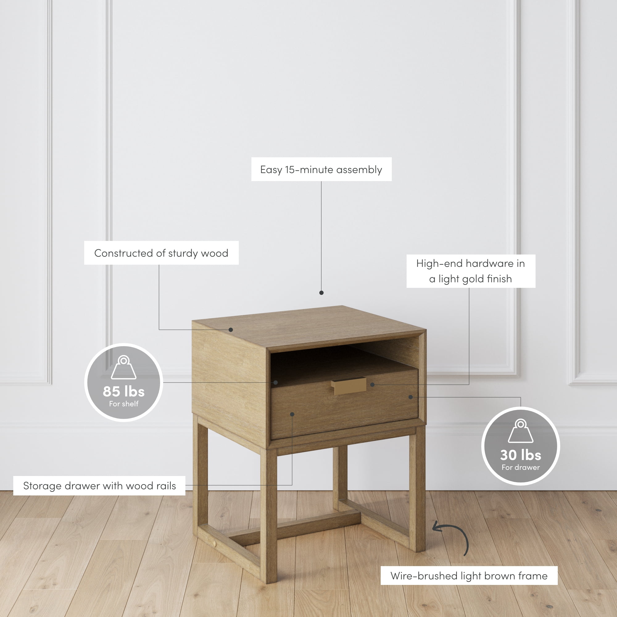 Nathan James Luke Light Brown Wood Nightstand Bed Side Table, Side Sofa End Table with Storage Drawer and Cubby