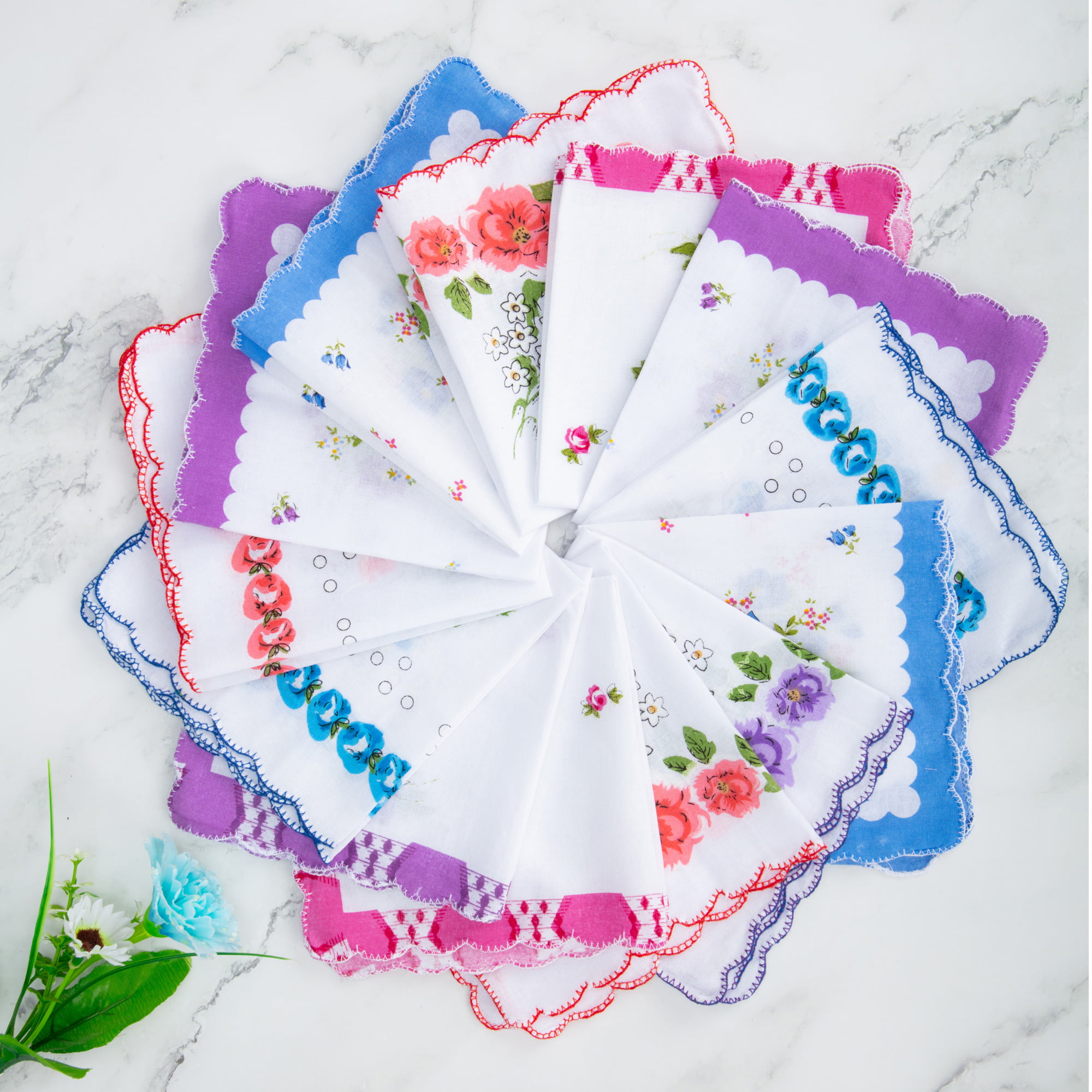 Women 3pcs Rose Flower Vintage Cotton Hankerchiefs Square Handkerchiefs Scarfs 