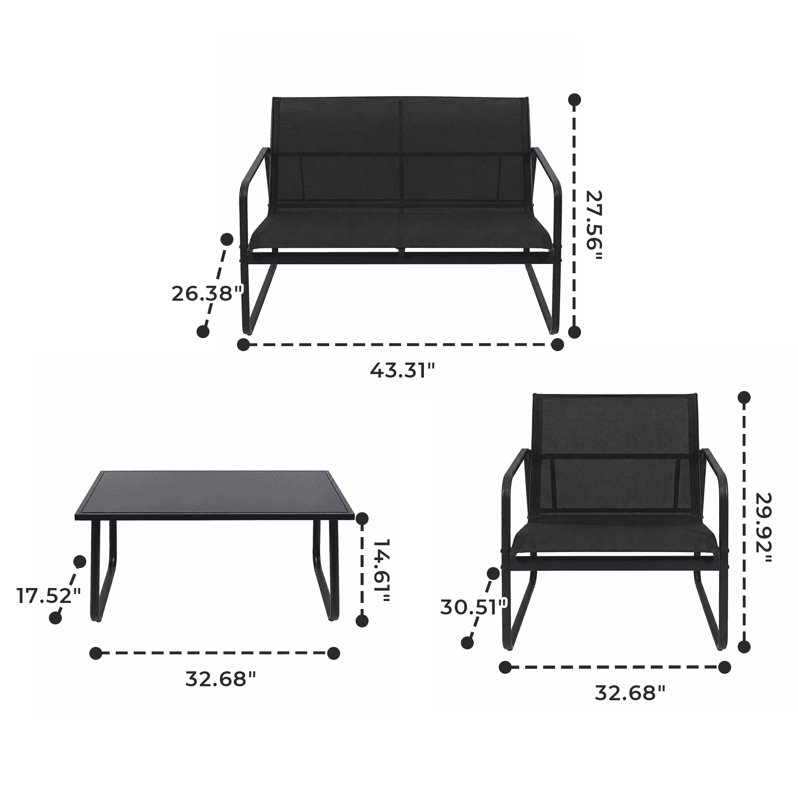 Alvantor 4-Piece Patio Conversation Set with Glass Table, Loveseat, and Chairs