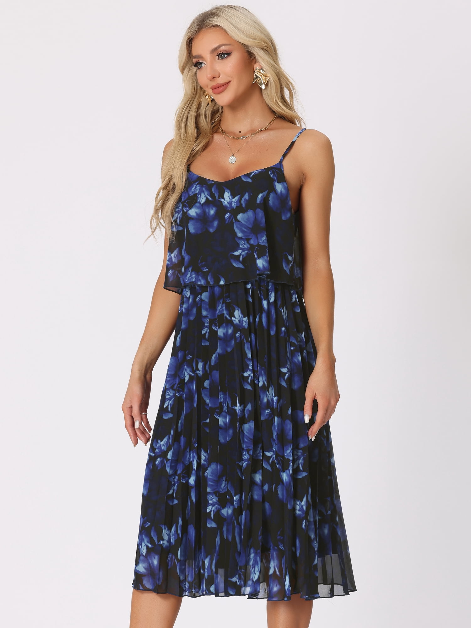 DARING DIVA Women's Pleated Floral Ruffle Midi Dresses L Blue