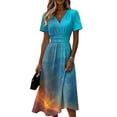 thumbnail image 2 of Minjewel Women's V-Neck Short Sleeve Bohemian Shift Dress - Summer Casual Beach Outfit, Loose Flowy Party Dress, Solid Color Comfy Vacation Mini Dress,Sky Blue,XL, 2 of 6