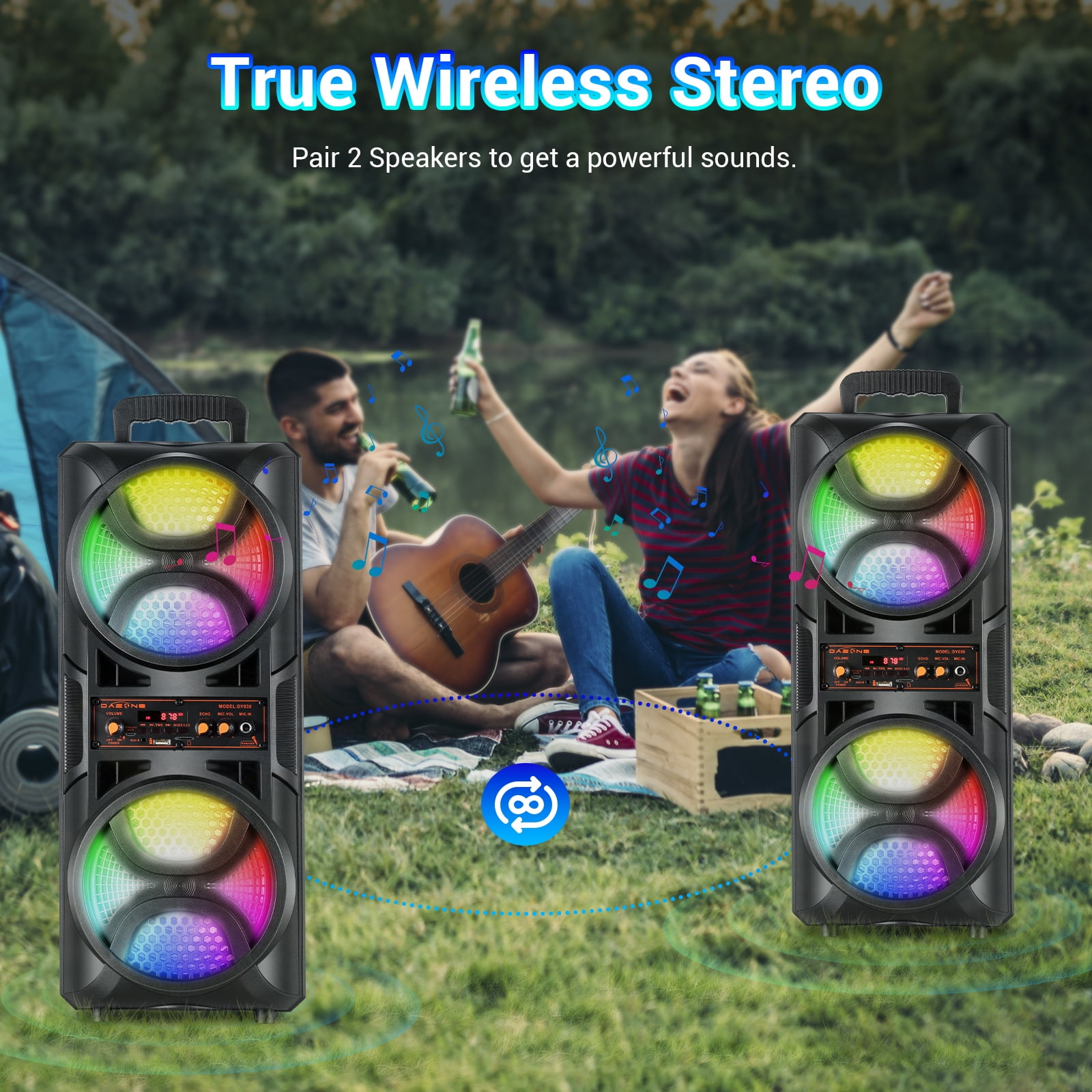 RIDWIND 3000W Peak Power Wireless TWS Portable Loud Party Bluetooth Speaker with Dual 6.5" Woofer LED Colorful Lights Microphone Remote Control Support FM/TF/USB/AUX