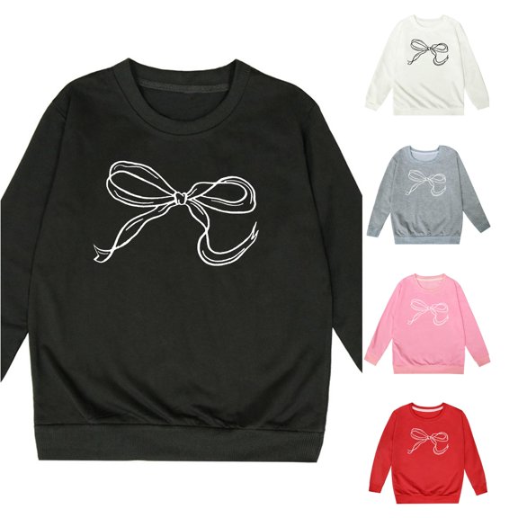 WAYUTE Sweatshirts for Girls Children Bow Print Long Sleeve Crewneck Sweatshirt for Toddler Girl Fall Clothes Fashion Casual Outdoor,Black,Size 7-8 Y