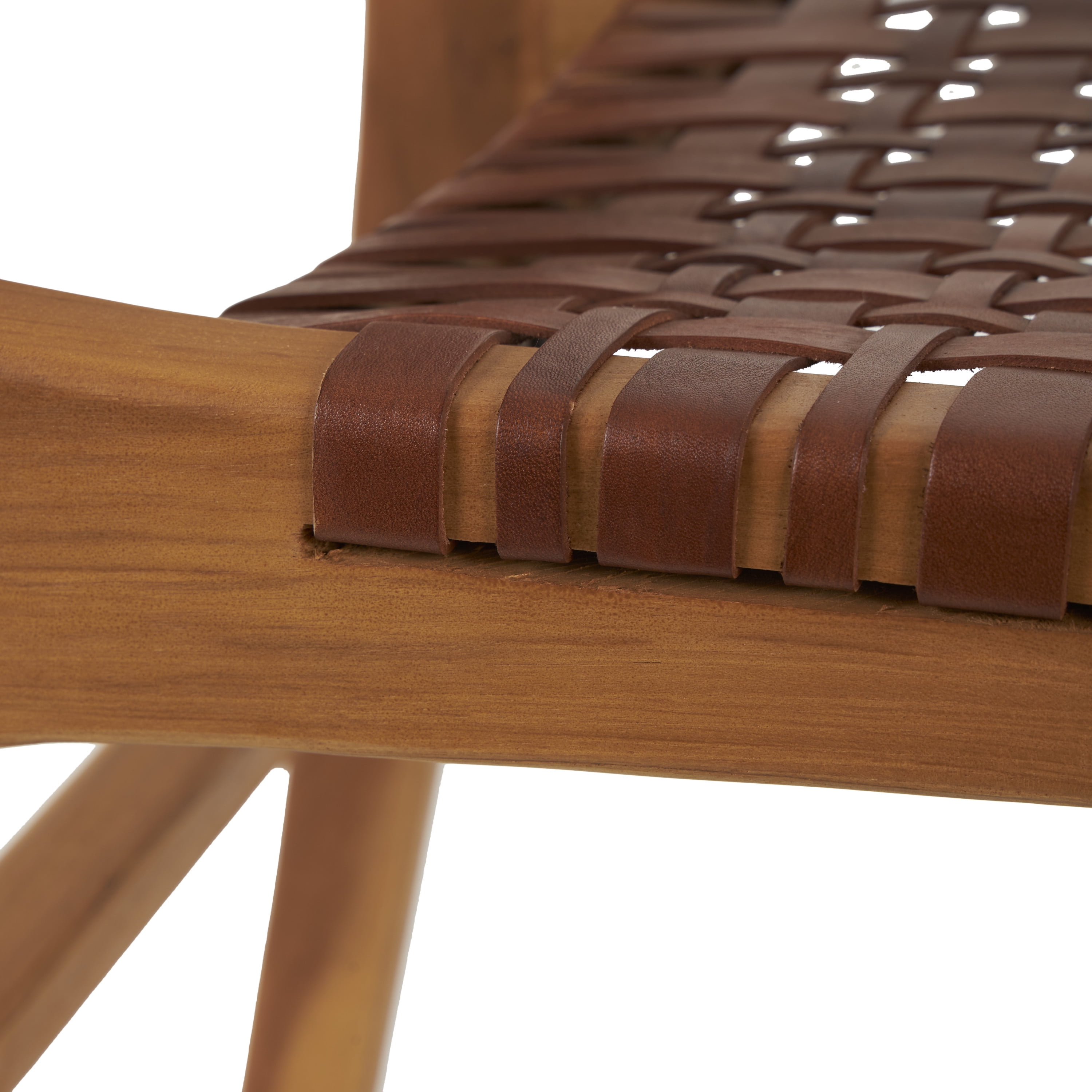 DecMode Leather Handmade Woven Lounge Chair with Teak Wood Frame, Dark Brown, Set of 2
