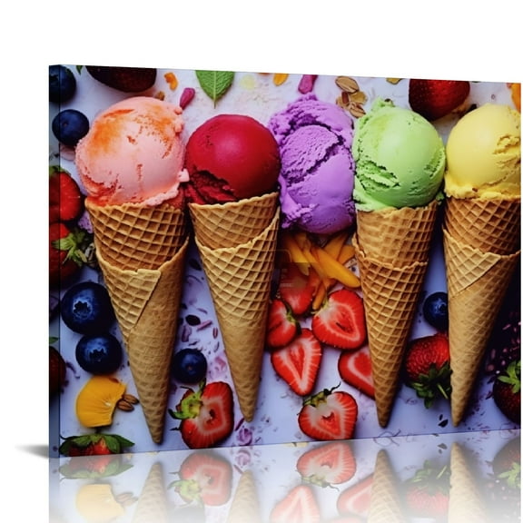JRXY Kitchen Dining Room Wall Art - Colorful Ice Cream Canvas Prints for Restaurant Wall Decoration, Kitchen Picture Wall Decor, Desserts Painting Framed Artwork for Home Kitchen Wall Decor 20x16in