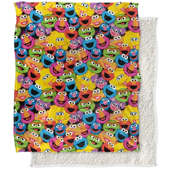 Sesame Street, 50"x60", Character Head Collage Silky Touch Sherpa Back Super Soft Throw Blanket