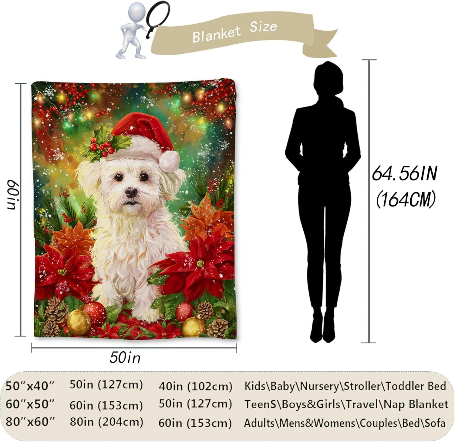Christmas Dog Blanket, Soft Lightweight Flannel Holiday Maltese Puppy Blanket for Couch, Bed, Travel & Home Decor Gifts, Cozy Warm Winter Blankets for Adults Users Women Women 50×40 in