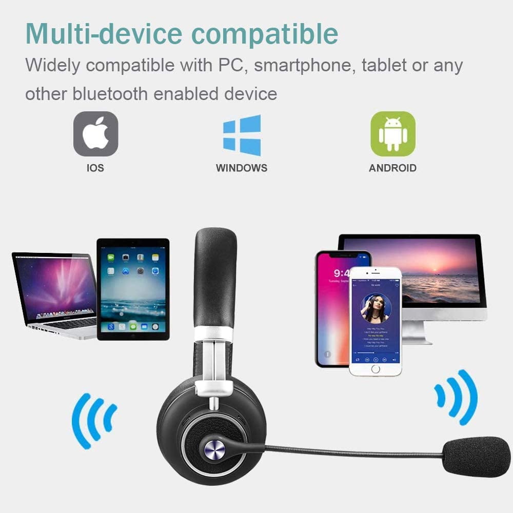 Trucker Bluetooth Headset/Office Wireless Headset with Extra Boom Noise Reduction Microphone, over the Head Headphone On Ear Car Bluetooth Headphones for Cell Phone, Skype, Truck Driver, Call Center