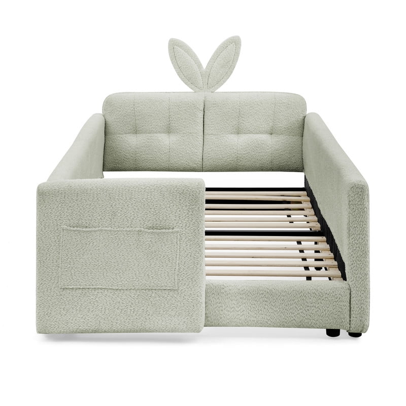 Twin Size Upholstered Platform Bed with Rabbit Ear Headboard, Kids Floor Bed with Storage Pocket & Safety Guardrail, No Box Spring Required