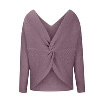 Women's Casual V Neck Crisscross Sweater 2023 Fall Long Sleeve Twisted Back Pullover Loose Knitted Sweater Jumper Trendy