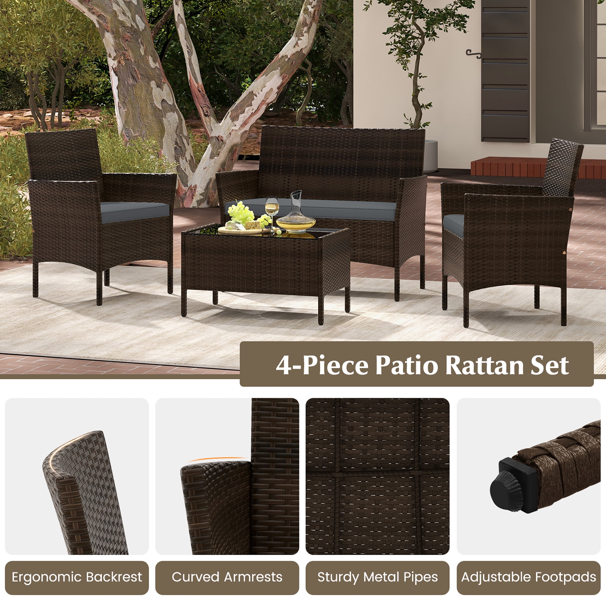 Gymax 4 Piece Patio Rattan Conversation Set Outdoor Wicker Furniture Set w/ Chair & Loveseat