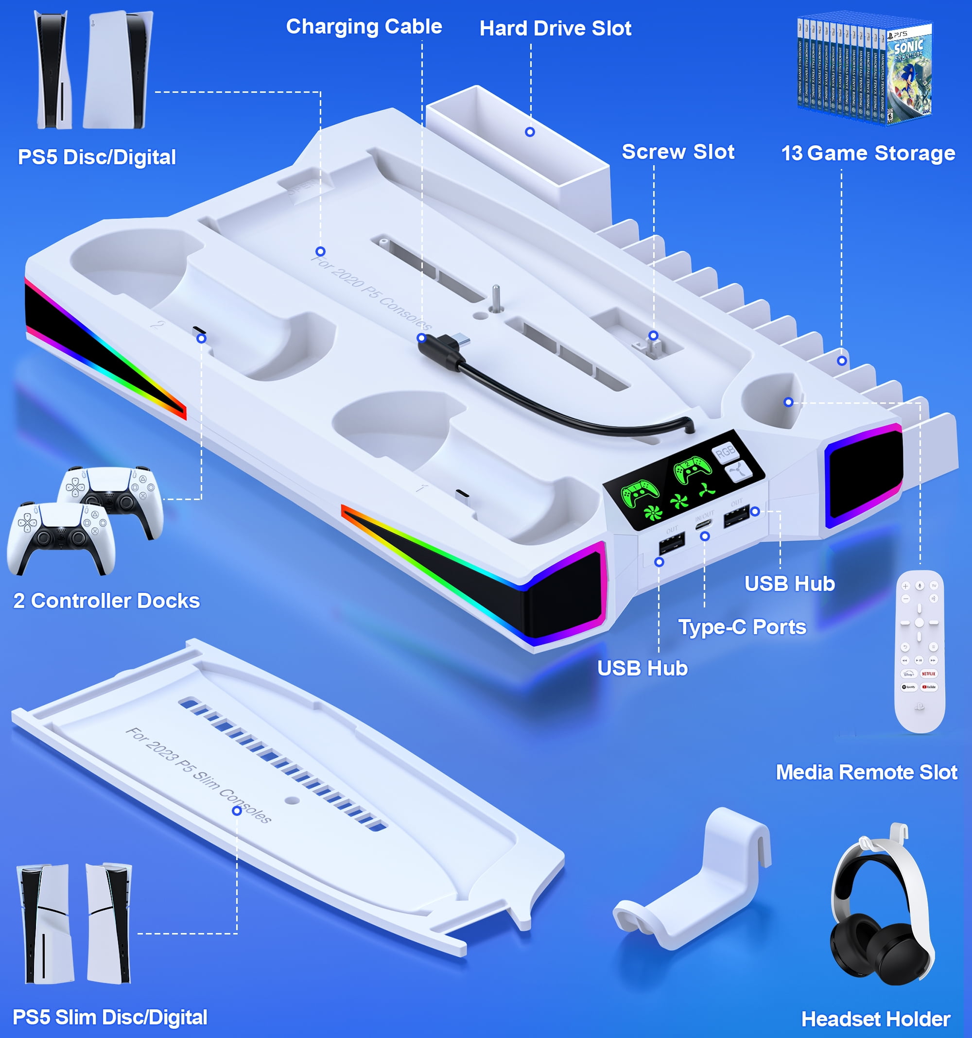 PS5 Stand Cooling Station with Dual PS5 Charging Dock, QQV PS5 Accessories Cooling Fan for PS5 Pro, Slim,Disc, Digital
