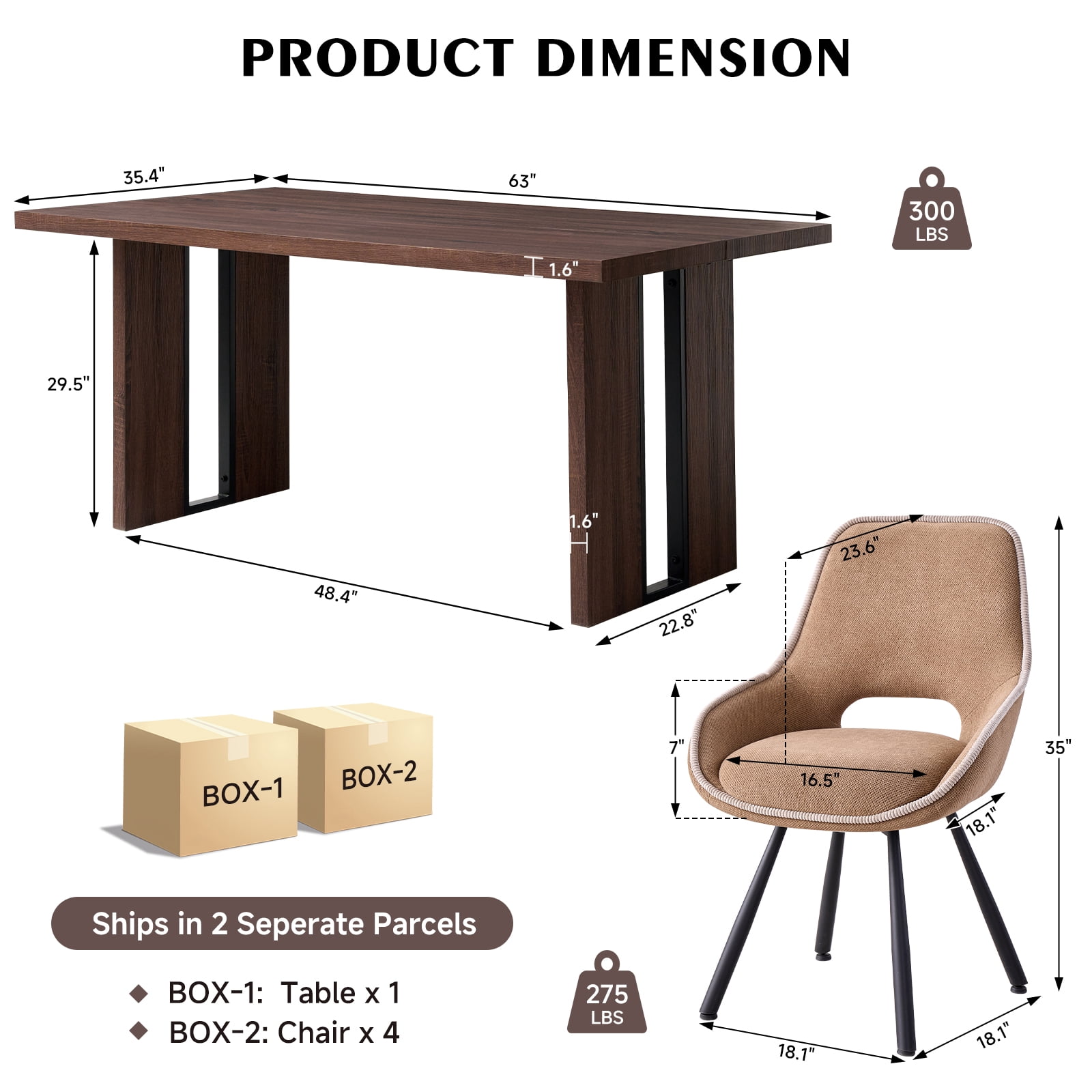 63" Dining Table Set for 4 6 People, 5 Piece Kitchen Dining Room Table with 4 Brown Swivel Chairs for Living Kitchen Room Apartment