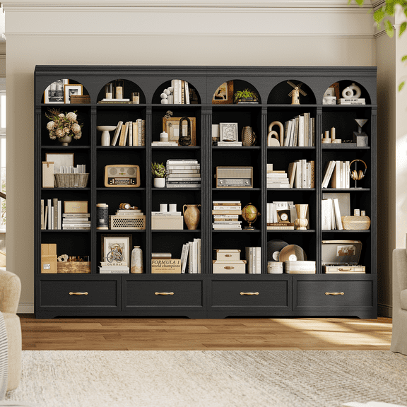 73.3" Triple Wide Bookshelf Set of 2, 6-Tier Arched Bookcase with 2 Drawers & 5 Adjustable Shelves, Freestanding Storage Cabinet for Living Room Home Office, Black