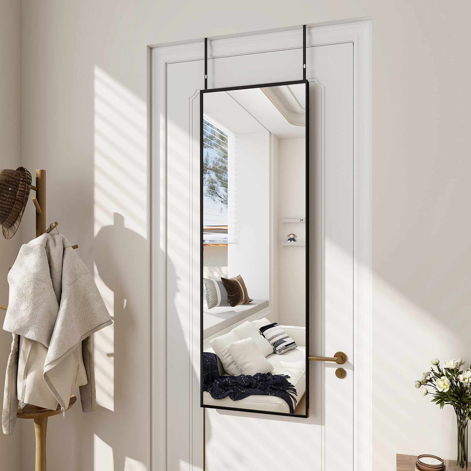AUROMIR 16"x 50" Full Length Wall-Mounted Door Mirror Rectangular Hanging Mirror, Black