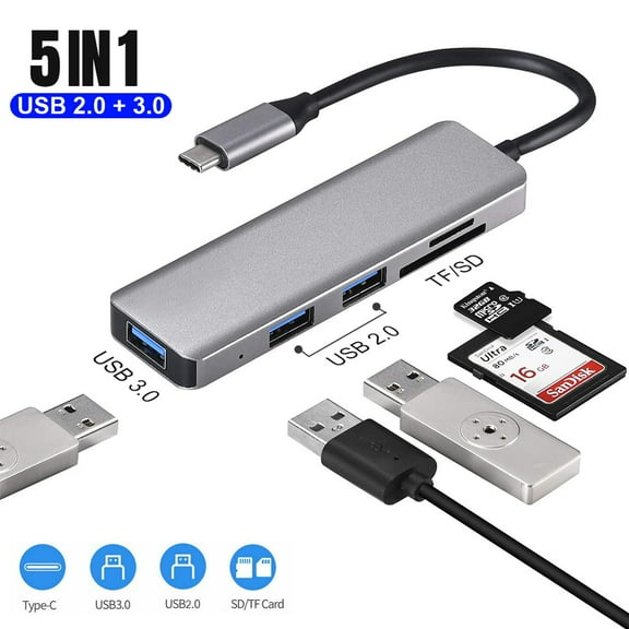 USB C Hub 5 in 1 Type C Adapter with 3-Ports USB 3.0 Dongle and SD/TF Card Reader