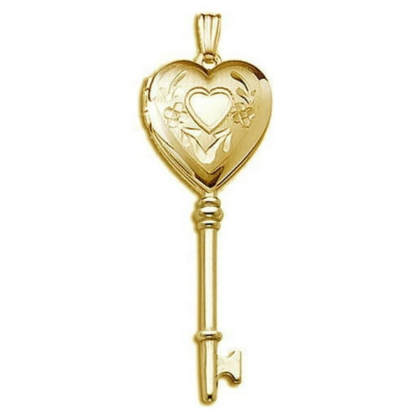 Picturesongold Small Heart KEY Locket Necklace Pendants - 1/2 inch x 1-1/4 inch Solid 14K Yellow Gold