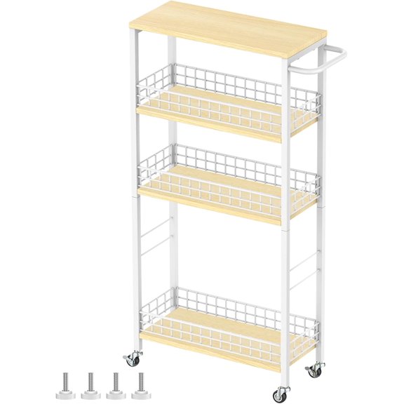Slim Storage Cart 4-Tier Rolling Kitchen Utility Cart White Narrow Slide Out Laundry Storage Cart on Wheels and Wood Table Top Mobile Shelving Unit Organizer Trolley for Bathroom Small Space 7.3 W