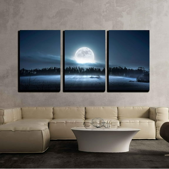 wall26 - 3 Piece Canvas Wall Art - The Moon Rising Over The Forest and Meadow in The Cold and Misty Morning - Modern Home Art Stretched and Framed Ready to Hang - 24"x36"x3 Panels