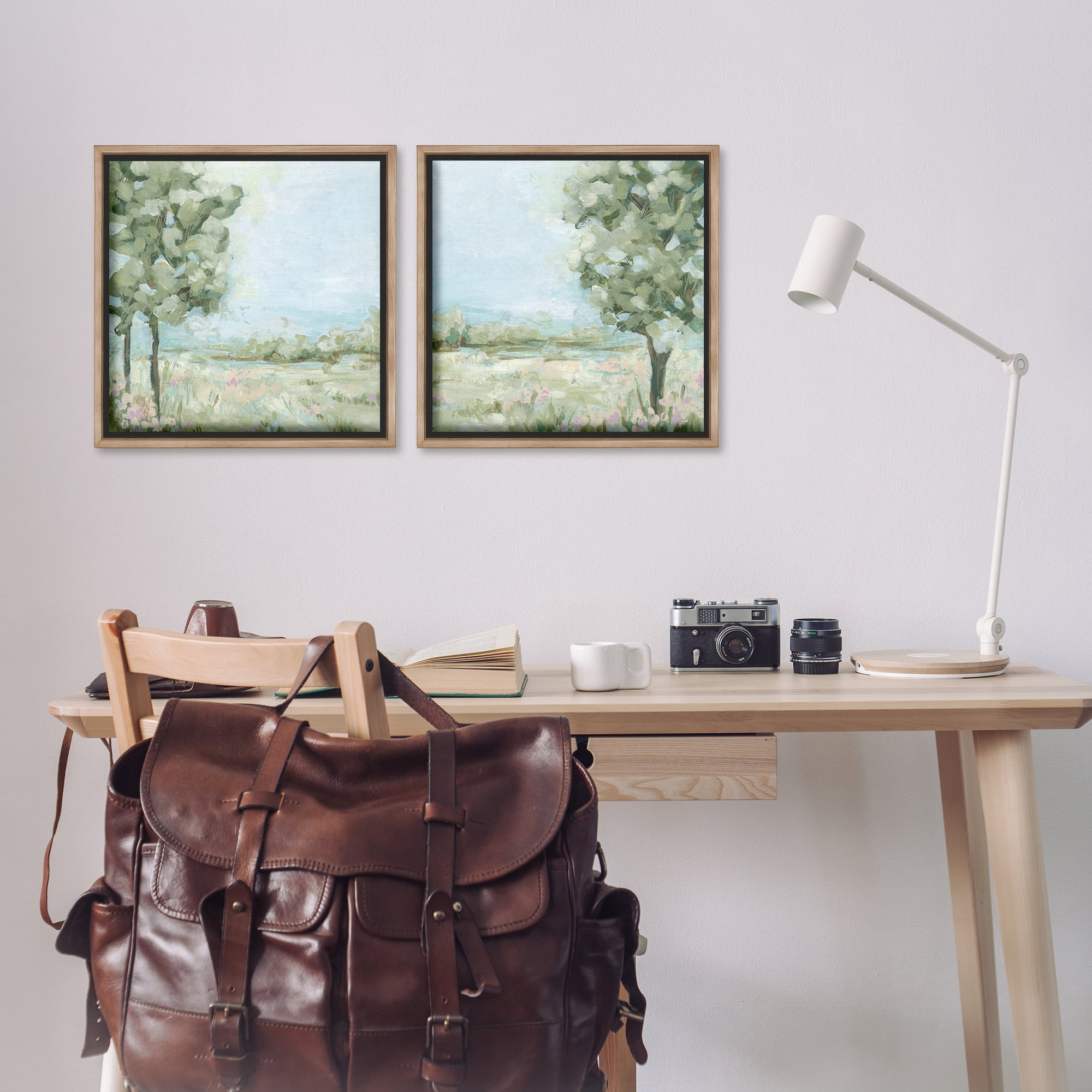 Stupell Industries Bright Spring Field Landscape Landscape & Nature Painting Brown Floater Framed Canvas Art Print Wall Art, 18 x 18, Set of 2