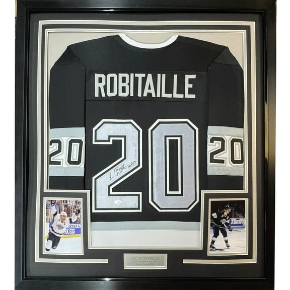 Framed Autographed/Signed Luc Robitaille HOF 09 35x39 Los Angeles LA Black Hockey Jersey JSA COA