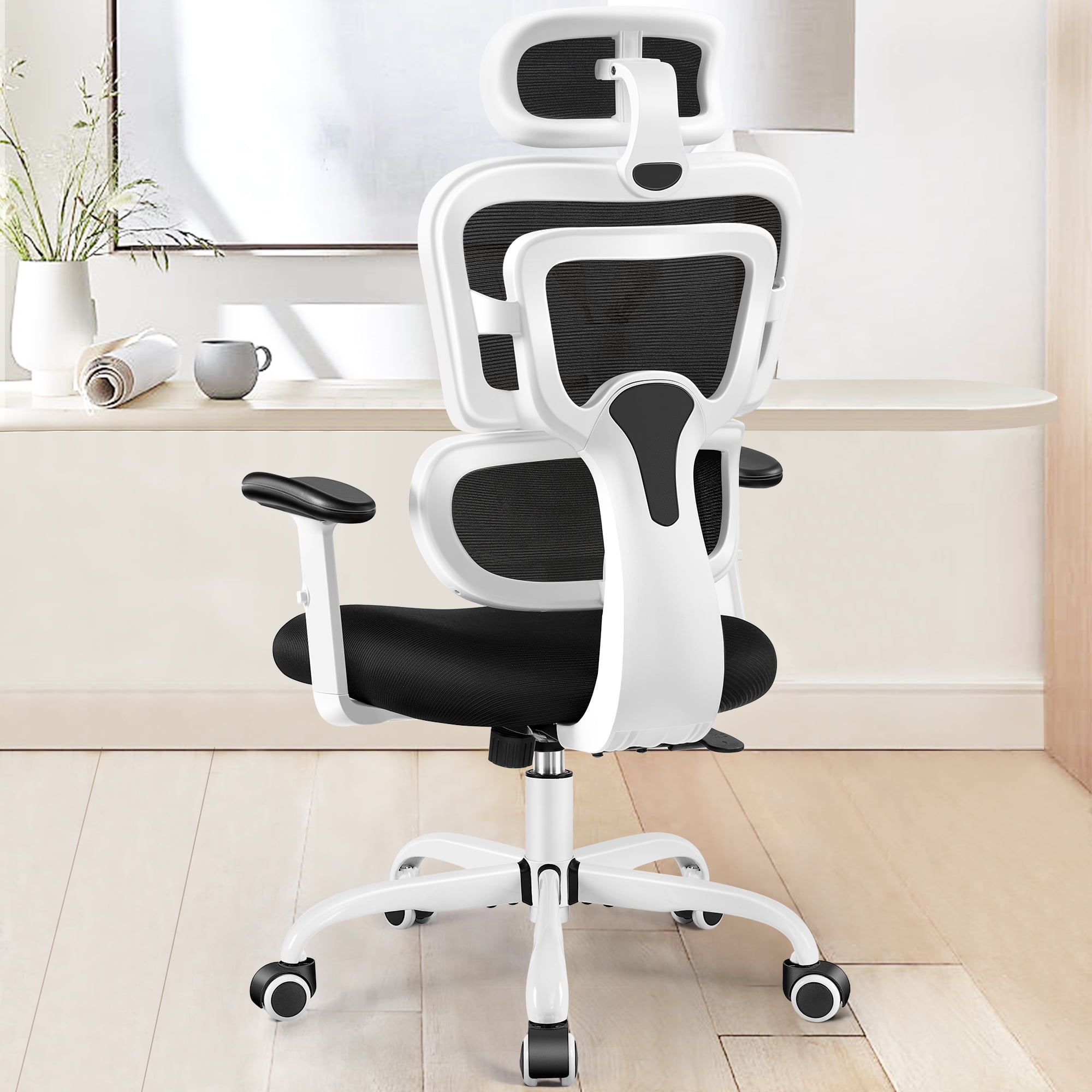 COOLHUT Ergonomic Office Chair, High Back Desk Chair, Breathable Mesh Computer Chair with Lumbar Support, Comfy Foam Cushion Home Office Chair, 300lbs, White
