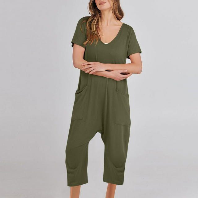 Combinaisons pour Femmes, Combinaison Décontractée Mode pour Femmes à Manches Courtes, Combinaisons Unies, Pantalon à Jambe Grand avec Poche