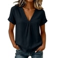 thumbnail image 2 of QUNYINEY T -Shirts Women Black Casual Short Sleeve Cotton Linen Tops Pleated V Neck Pullover Loose Fit Summer Shirts, 2 of 8