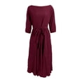 thumbnail image 4 of Women's Dress Three Quarter Sleeve Elegant with Belt and Pocket Chic Midi Dress for Spring Fall Party Office,Wine,XL, 4 of 5