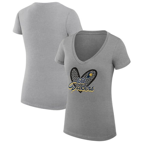 Women's G-III 4Her by Carl Banks Heather Gray Indiana Pacers Super-Slim Fit Lightweight Leopard Heart V-Neck T-Shirt