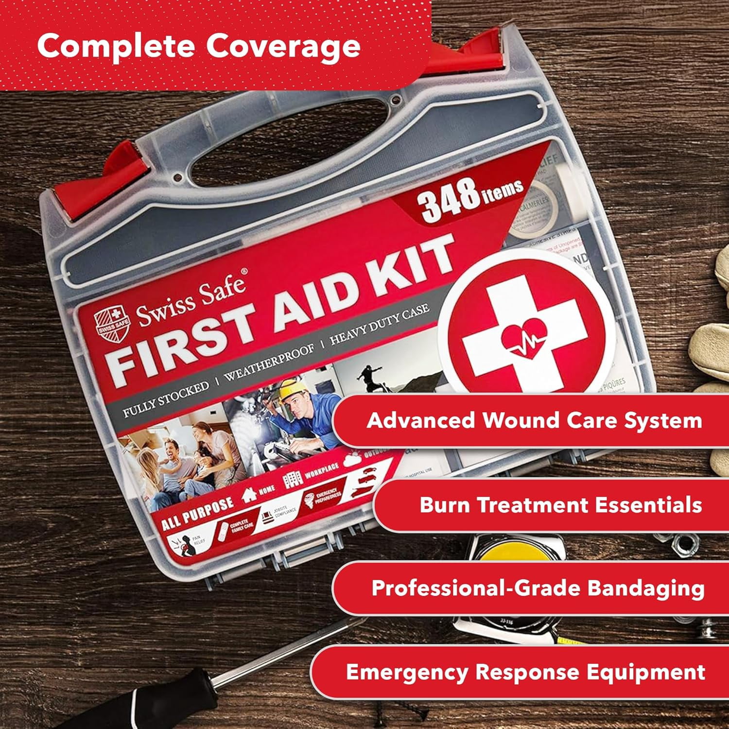 2-in-1 First Aid Kit for Car, Travel & Home, Businesses - Bonus Mini Kit for Medical Emergency Aid, Survival, Camping - FSA & HSA Eligible - 348 Pcs, Large Hardcase FAK