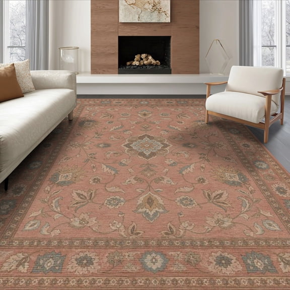 ODIKA 8'x10' Washable Area Rug Terracotta Elegance with Intricate Floral Motifs Elegant Design Symmetrical for Living Room, Under Sectional, Family , Durable, Non-Slip