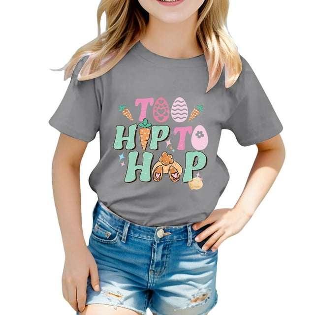 PMVFHDE Hauts d'Été Tendance Fille Hauts d'Été Manches Courtes pour Fille Hauts Manches Courtes Filles Hauts Enfants Filles Pâques Mignon Graphique Col Rond T-Shirt d'Été Gris, 12-13 Ans