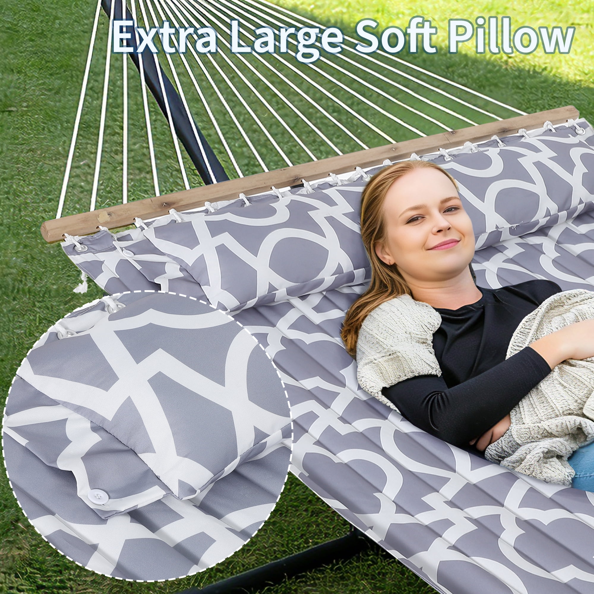 Double Hammock with Stand for 2 Persons - Widened Heavy Duty Steel Frame - 475 lbs Capacity - Quilted Pillow & Carry Bag - Freestanding Indoor Outdoor Bed - Light Grey