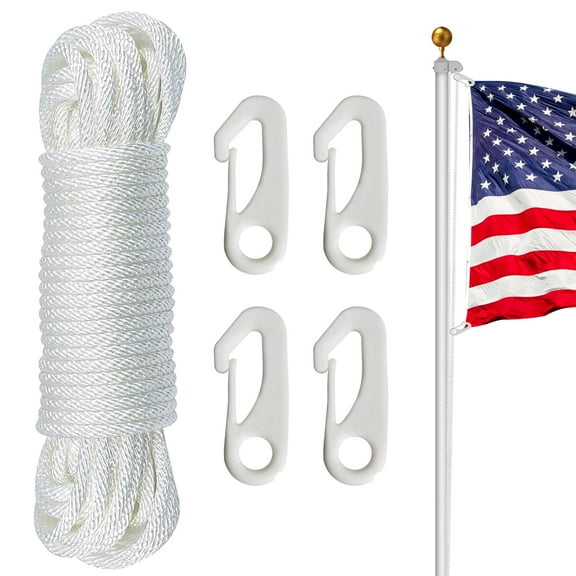 Flag Pole Rope Kit 50 Feet Nylon Halyard with 4 Hook Clips, Durable Outdoor Flagpole Accessories for Flags, Clothesline, Swing, Camping, White