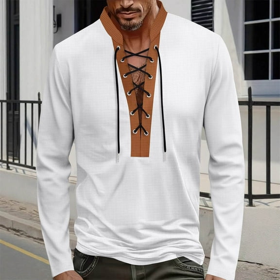 Men's Long Sleeve Shirts Retro Style Lace Up Waffle Casual Long Sleeve Stand Collar Pullover T-Shirt Top (XL, White)