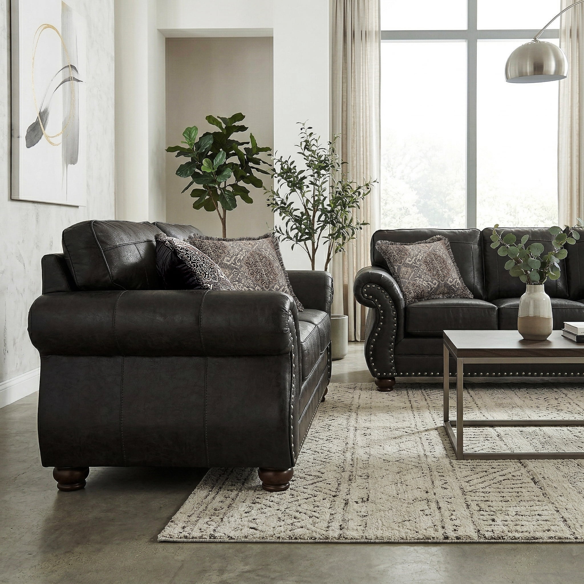 Roundhill Furniture Leinster 2-Piece Living Room Set, Sofa and Loveseat, Black