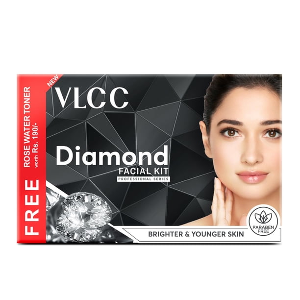 Kit facial VLCC Diamond - Multiuso | Salón como facial en sólo 6 pasos | Incluye crema exfoliante limpiadora, geles hidratantes y un tónico de agua de rosas | 14,11 onzas (300g + 100ml)
