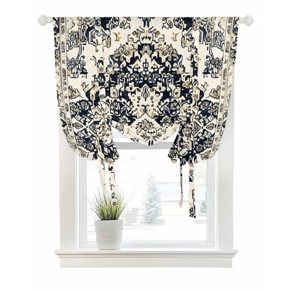 Black White Boho Tie Up Curtains for Window, Thermal Insulated Balloon Shade Adjustable Rod Pocket Curtains Valance Panels for Kitchen Bathroom Cafe 42 x 63 Vintage Ethnic Tribe Abstract Art