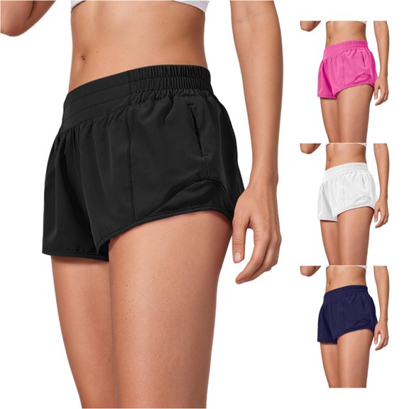 XIAONU Women's Solid Athletic Shorts Elastic Waist Zipper Side Pockets Active Bottoms