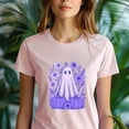 thumbnail image 5 of Purple Ghost with Pumpkins Floral Halloween Graphic T-Shirt, Heliconia, Size XL, 5 of 6